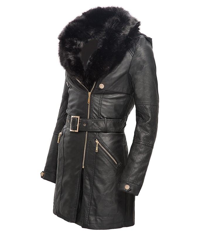 Damen Kunstleder Mantel mit Kapuze Damenjacke Leder Jacke Schwarz Lang