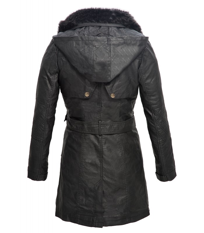 Damen Kunstleder Mantel mit Kapuze Damenjacke Leder Jacke Schwarz Lang
