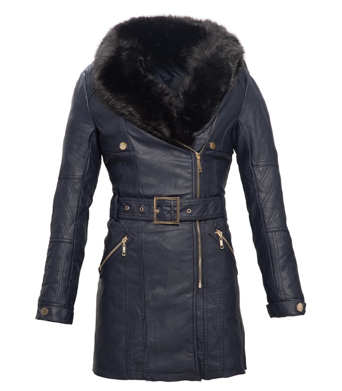 Damen Kunstleder Mantel mit Kapuze Damenjacke Leder Jacke Schwarz Lang