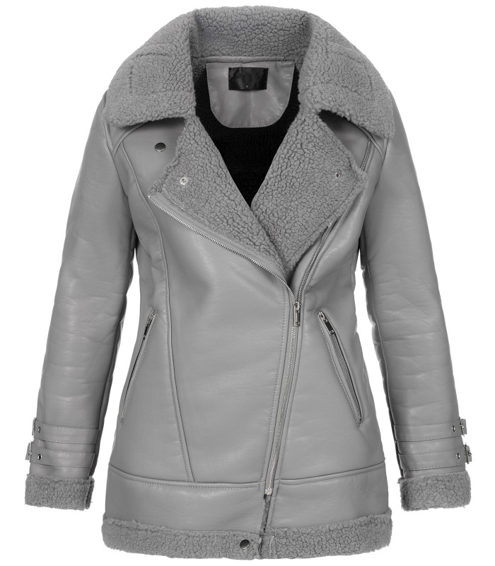 Designer Damen Winterjacke Pilotenjacke Kunstlederjacke warm Teddyfell D-367