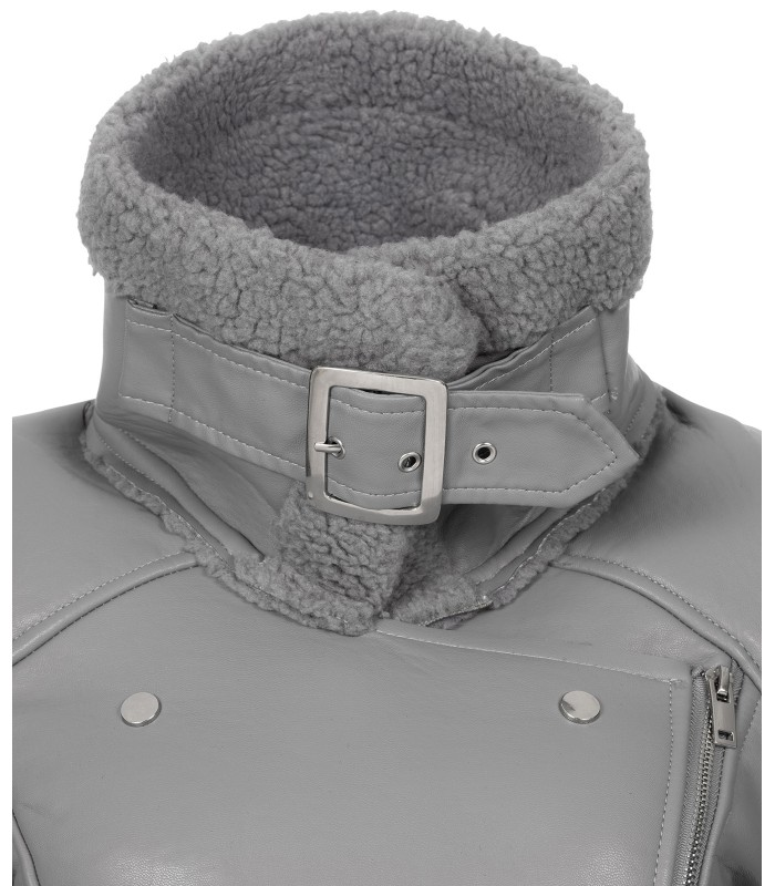 Designer Damen Winterjacke Pilotenjacke Kunstlederjacke warm Teddyfell D-367
