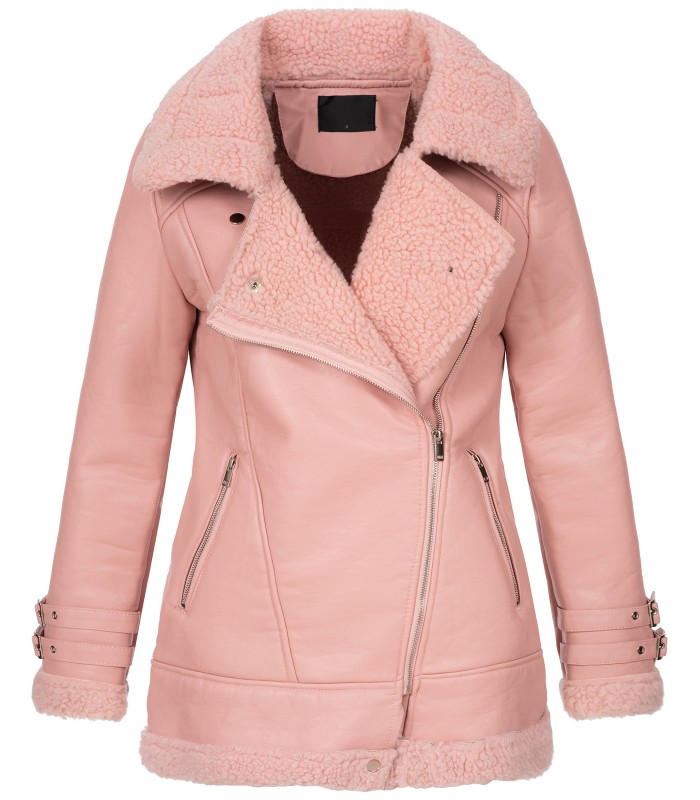 Designer Damen Winterjacke Pilotenjacke Kunstlederjacke warm Teddyfell D-367