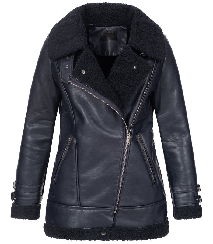 Designer Damen Winterjacke Pilotenjacke Kunstlederjacke warm Teddyfell D-367