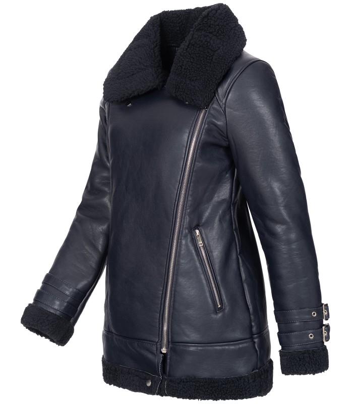 Designer Damen Winterjacke Pilotenjacke Kunstlederjacke warm Teddyfell D-367