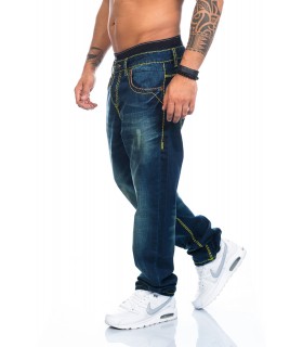 Designer Herren Jeans Hose dicke gelbe Zier Nähte dunkelblau 