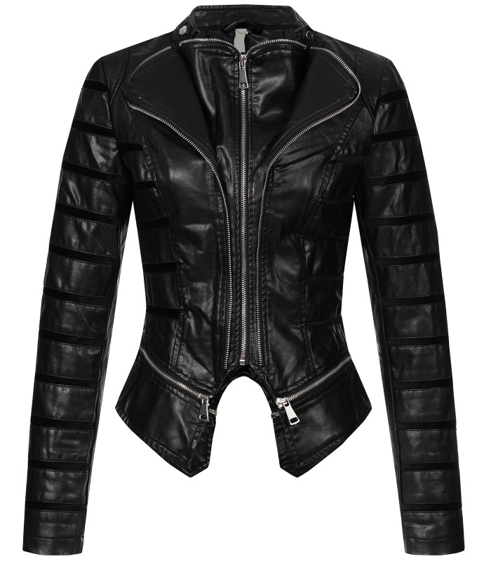 Damen Kunstlederjacke mit Wasserfallkragen D-439