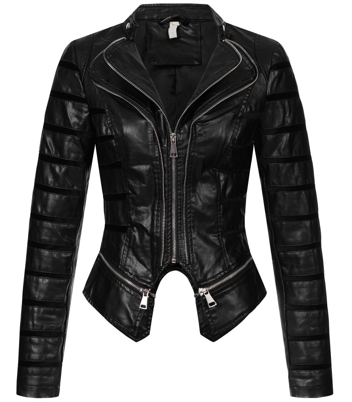 Damen Kunstlederjacke mit Wasserfallkragen D-439