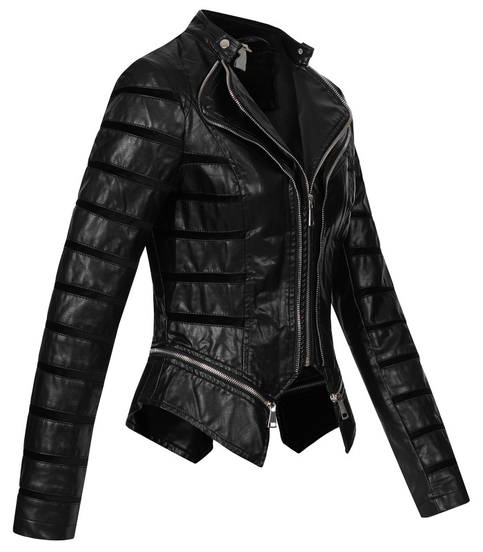 Damen Kunstlederjacke mit Wasserfallkragen D-439