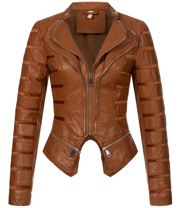 Damen Kunstlederjacke mit Wasserfallkragen D-439
