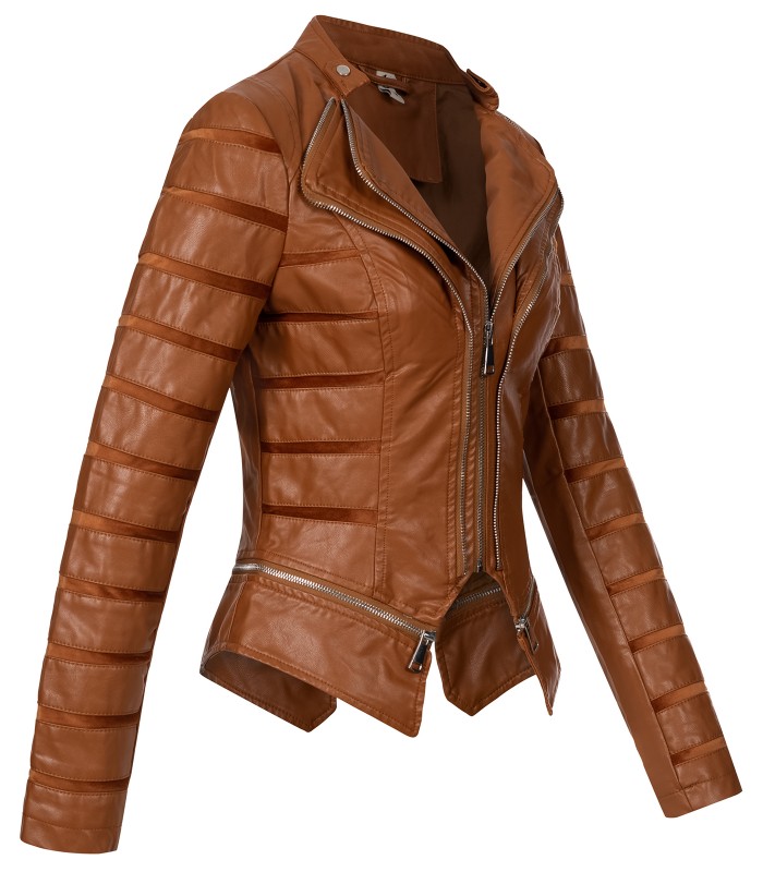Damen Kunstlederjacke mit Wasserfallkragen D-439