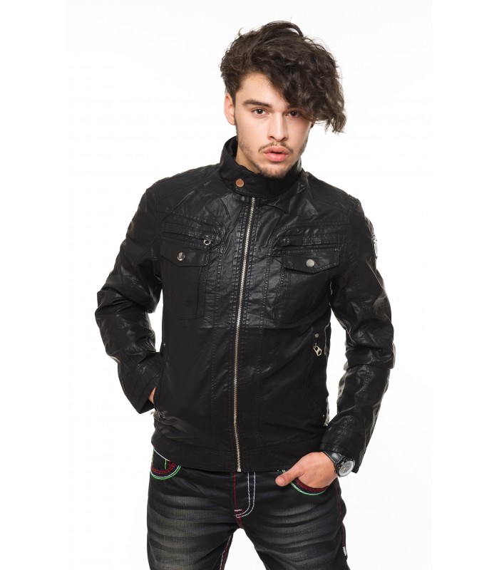 Herren Kunstlederjacke Stehkragen mit Knopfleiste Schwarz H-053