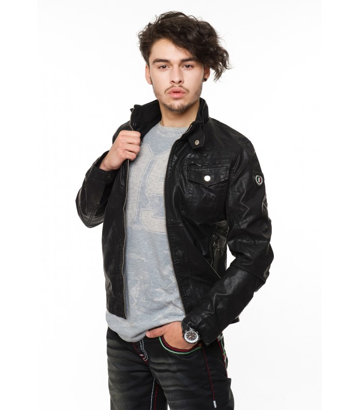 Herren Kunstlederjacke Stehkragen mit Knopfleiste Schwarz H-053