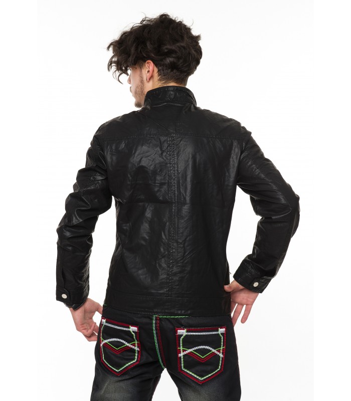 Herren Kunstlederjacke Stehkragen mit Knopfleiste Schwarz H-053