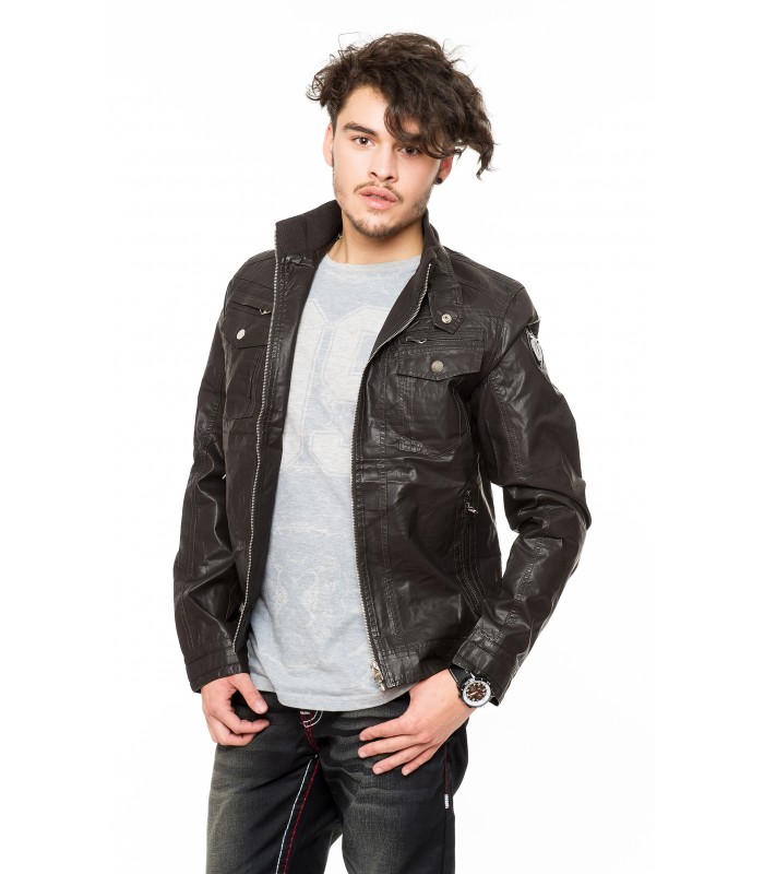 Herren Kunstlederjacke Stehkragen mit Knopfleiste Schwarz H-053