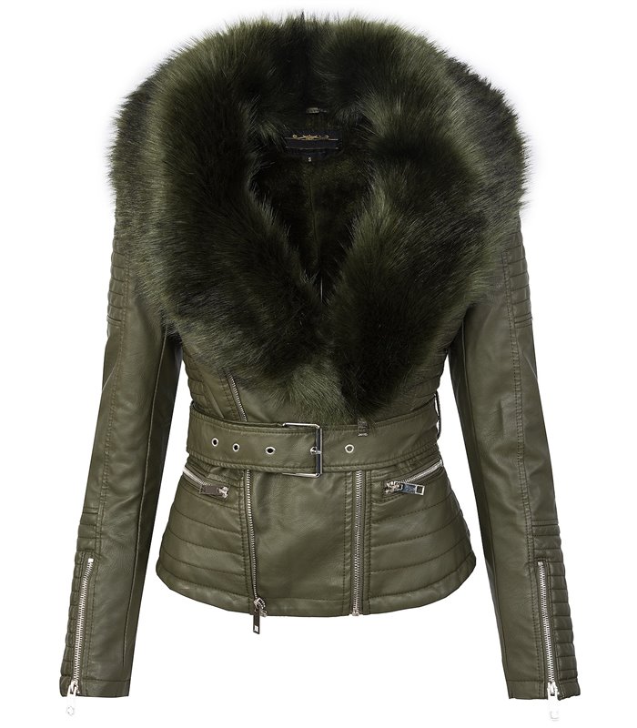Damen Kunstlederjacke mit Fellkragen D-102