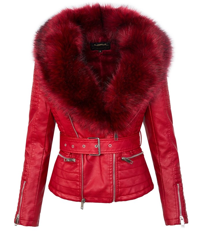 Damen Kunstlederjacke mit Fellkragen D-102