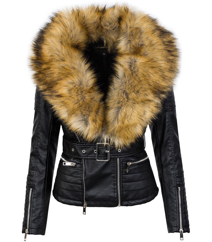 Damen Kunstlederjacke mit Fellkragen D-102