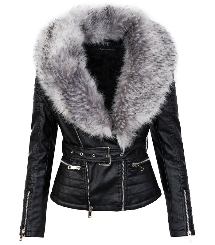 Damen Kunstlederjacke mit Fellkragen D-102