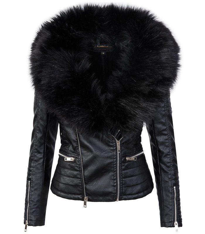 Damen Kunstlederjacke mit Fellkragen D-102