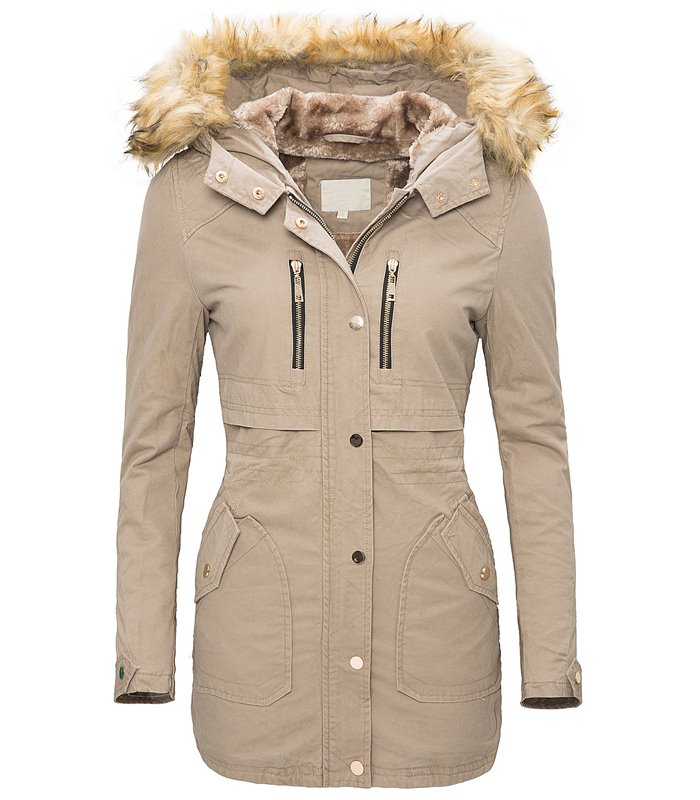 Damen Parka Winterjacke mit Kunstpelz Kapuze D-105