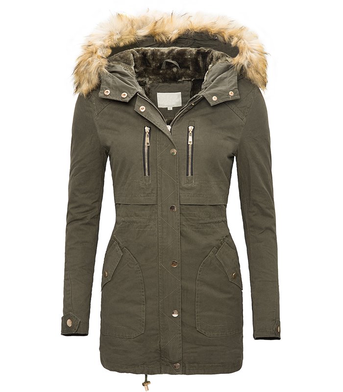 Damen Parka Winterjacke mit Kunstpelz Kapuze D-105