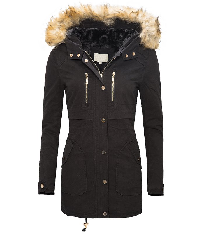 Damen Parka Winterjacke mit Kunstpelz Kapuze D-105