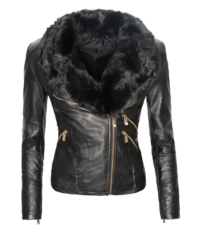 Damen Winter Kunstleder Jacke mit Kunstfellkragen D-119