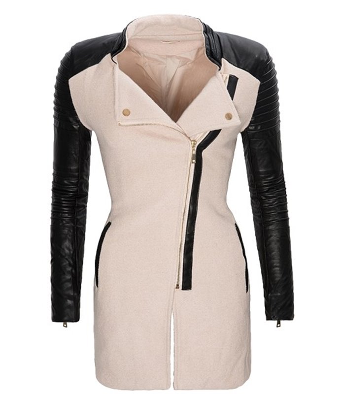 Damen Mantel mit Kunstleder Ärmel Stehkragen Damenjacke Schwarz Winter