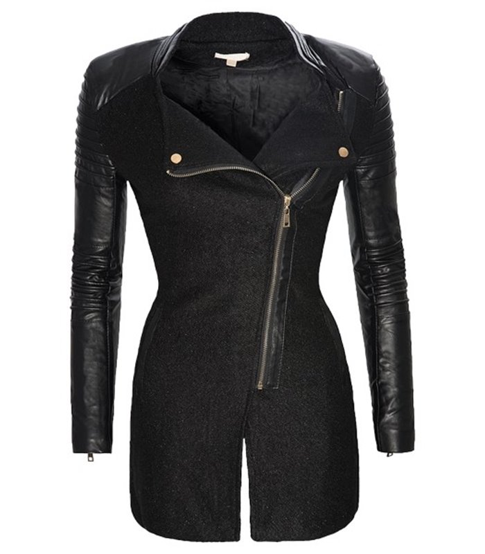 Damen Mantel mit Kunstleder Ärmel Stehkragen Damenjacke Schwarz Winter