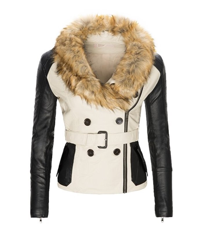 Damen Kunstleder Jacke mit Kunstfellkragen D-129