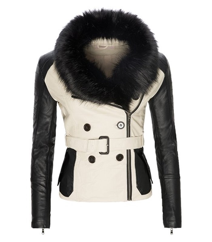 Damen Kunstleder Jacke mit Kunstfellkragen D-129