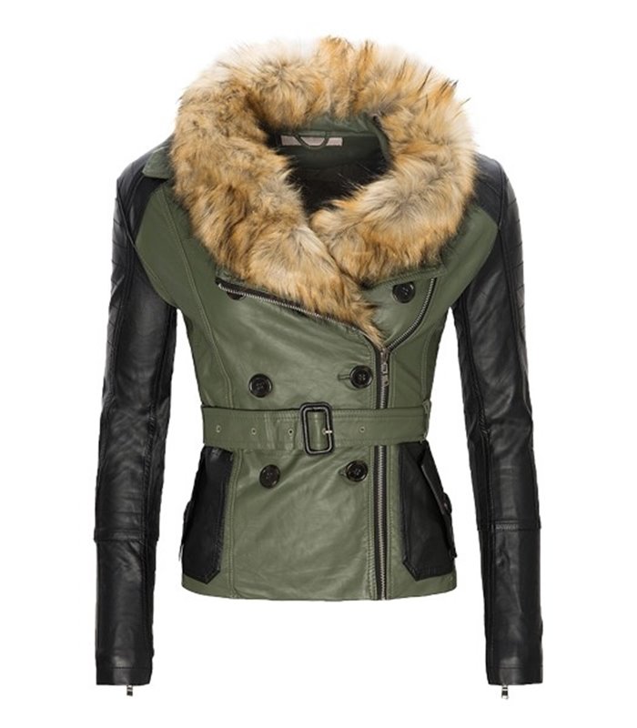 Damen Kunstleder Jacke mit Kunstfellkragen D-129