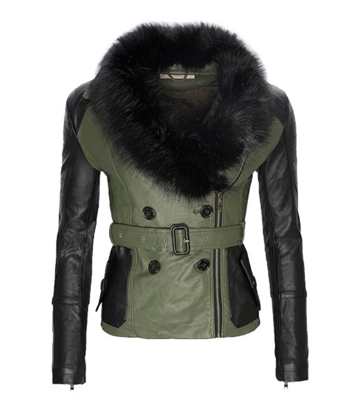 Damen Kunstleder Jacke mit Kunstfellkragen D-129