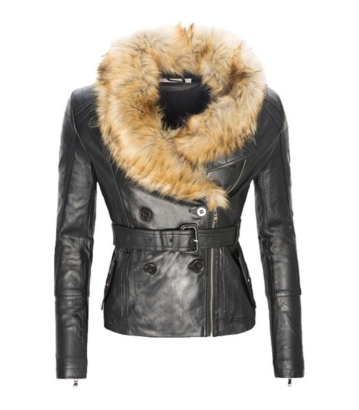 Damen Kunstleder Jacke mit Kunstfellkragen D-129