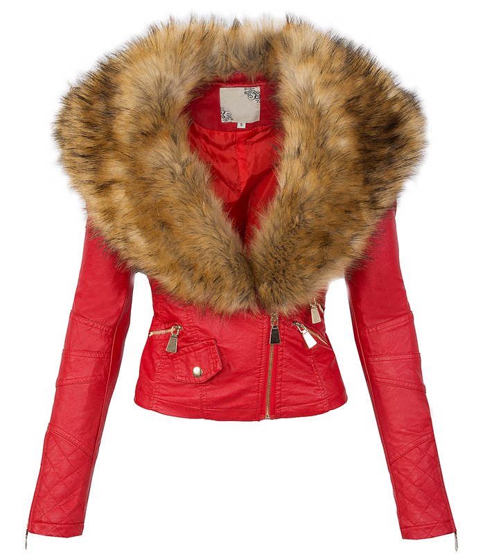 Damen Winter Kunstleder Jacke mit Kunstfellkragen D-119