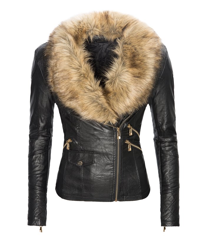 Damen Winter Kunstleder Jacke mit Kunstfellkragen D-119