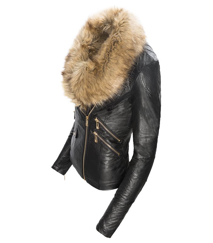Damen Winter Kunstleder Jacke mit Kunstfellkragen D-119