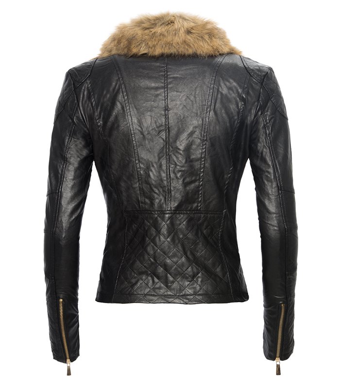 Damen Winter Kunstleder Jacke mit Kunstfellkragen D-119