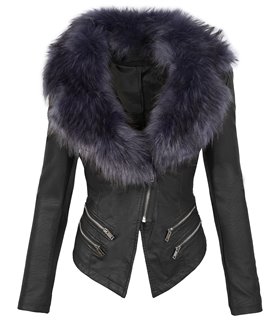 Damen Kunstlederjacke mit Kunstfellkragen D-196 