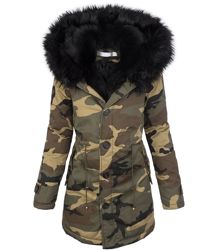 Damen Winter Parka Jacke Army-Look Kunstfell Kapuze D-197