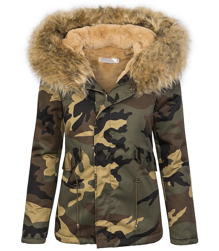 Damen Winter Parka Jacke Army-Look Kunstfell Kapuze D-197