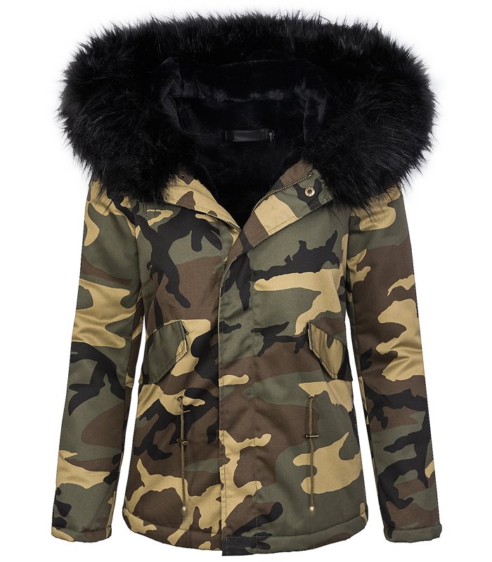 Damen Winter Parka Jacke Army-Look Kunstfell Kapuze D-197