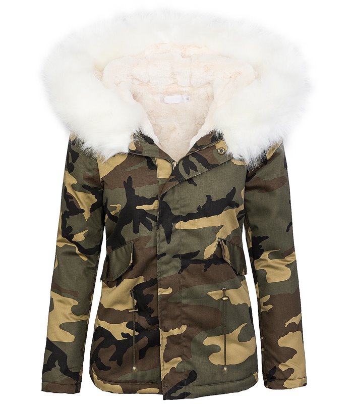Damen Winter Parka Jacke Army-Look Kunstfell Kapuze D-197