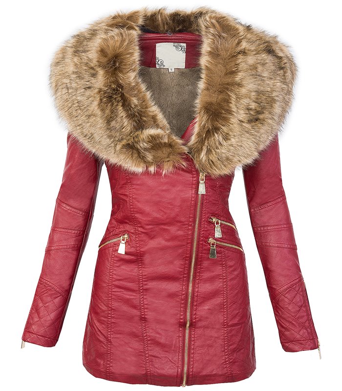 Damen Kunstledermantel Kunstfellkragen Winterjacke D-200