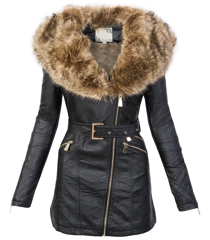 Damen Kunstledermantel Kunstfellkragen Winterjacke D-200