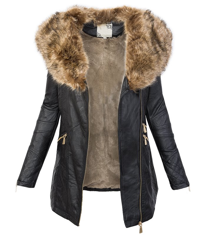 Damen Kunstledermantel Kunstfellkragen Winterjacke D-200