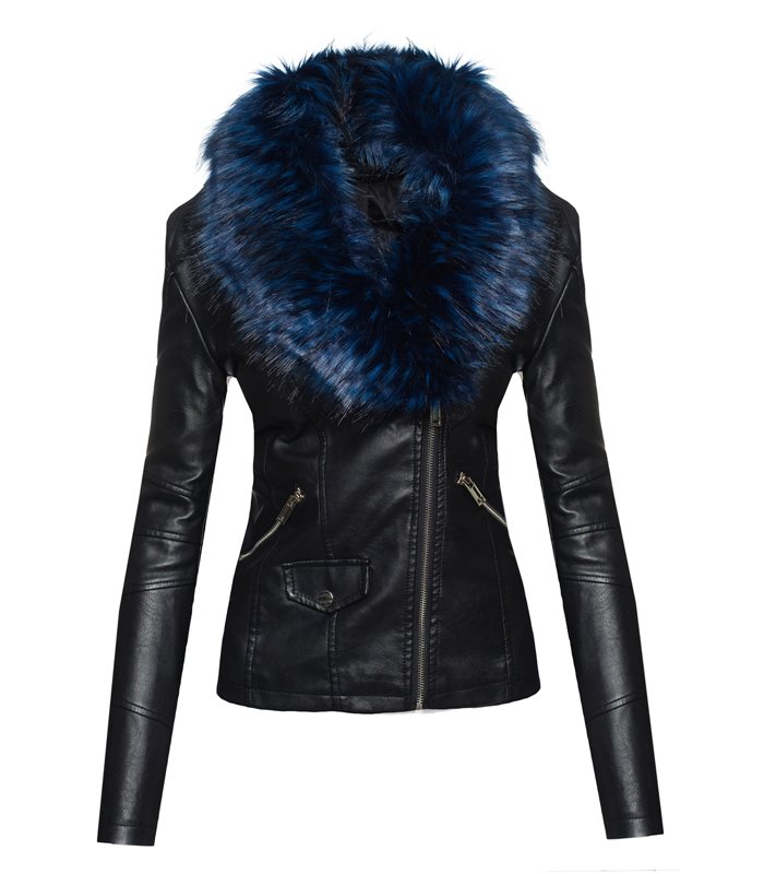 Damen Kunstlederjacke mit XXL Kunstfellkragen D-221