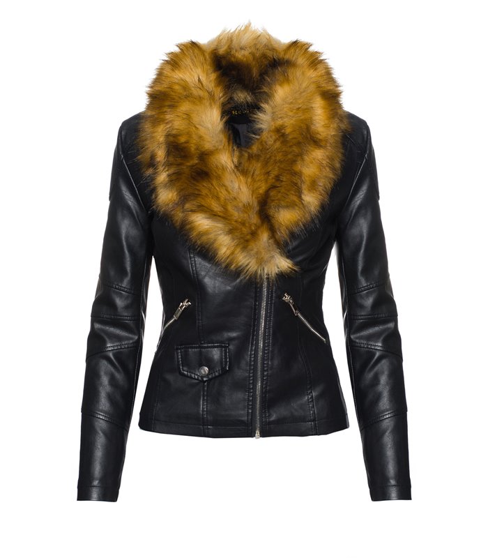Damen Kunstlederjacke mit XXL Kunstfellkragen D-221
