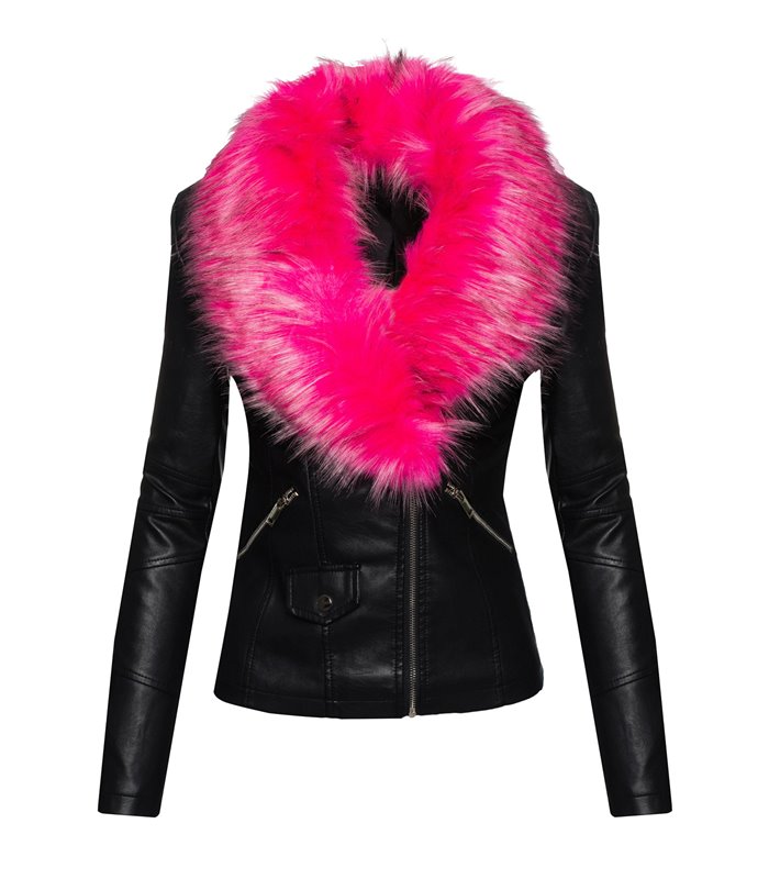 Damen Kunstlederjacke mit XXL Kunstfellkragen D-221