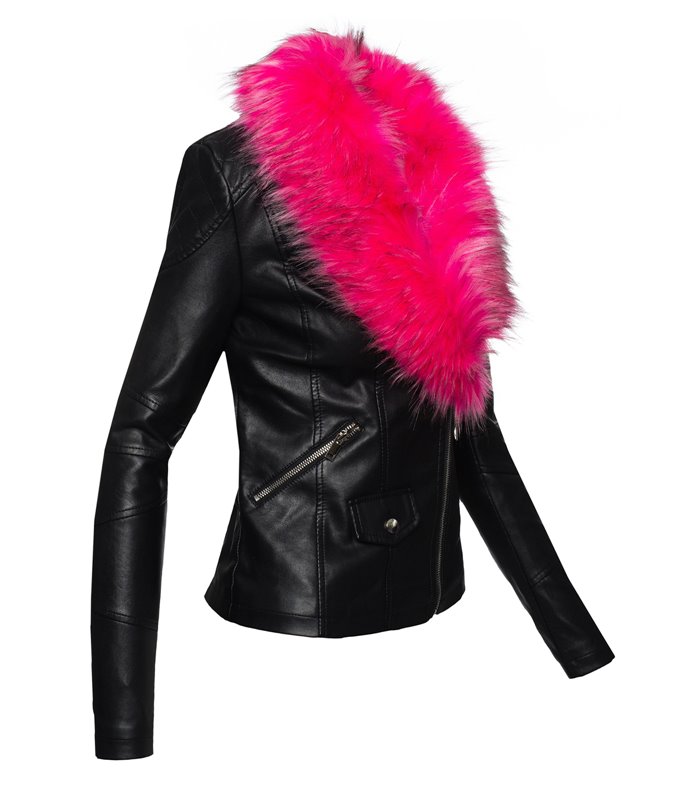 Damen Kunstlederjacke mit XXL Kunstfellkragen D-221